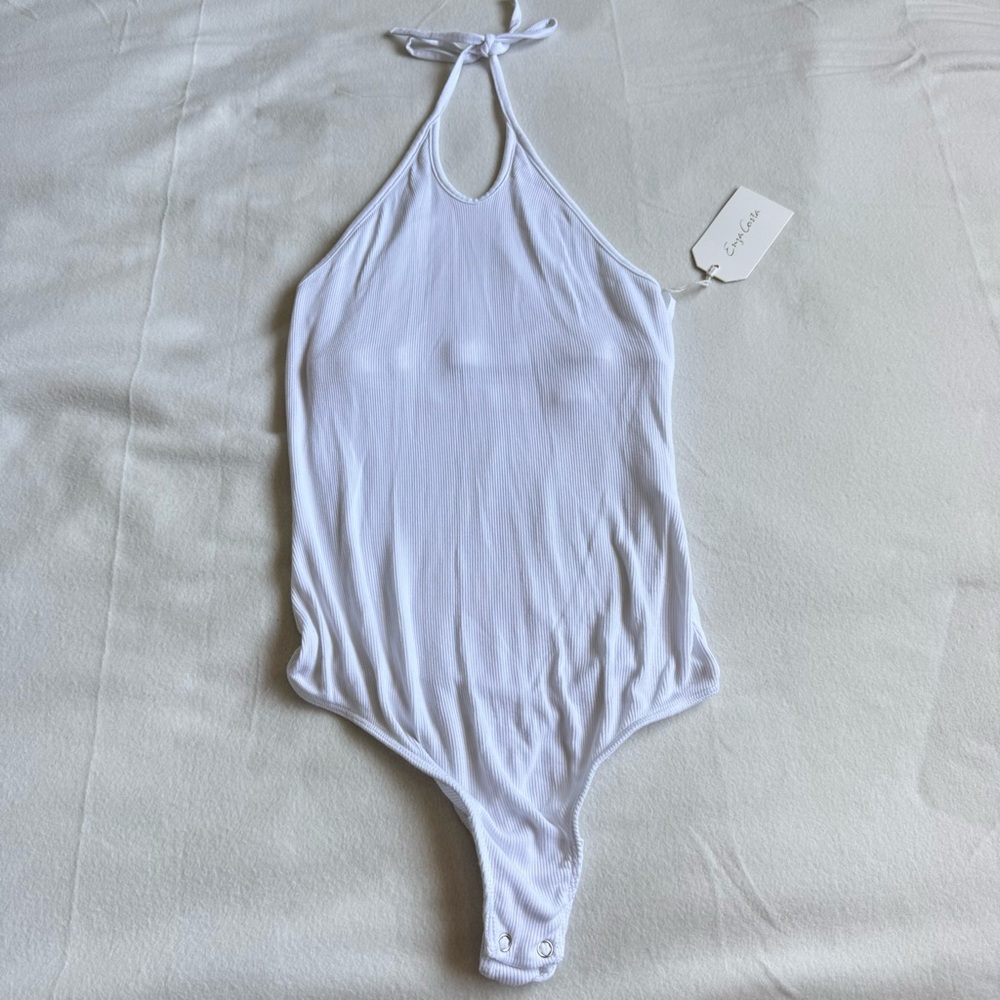 New Enza Costa Stretch Silk Knit Keyhole Halter Bodysuit White